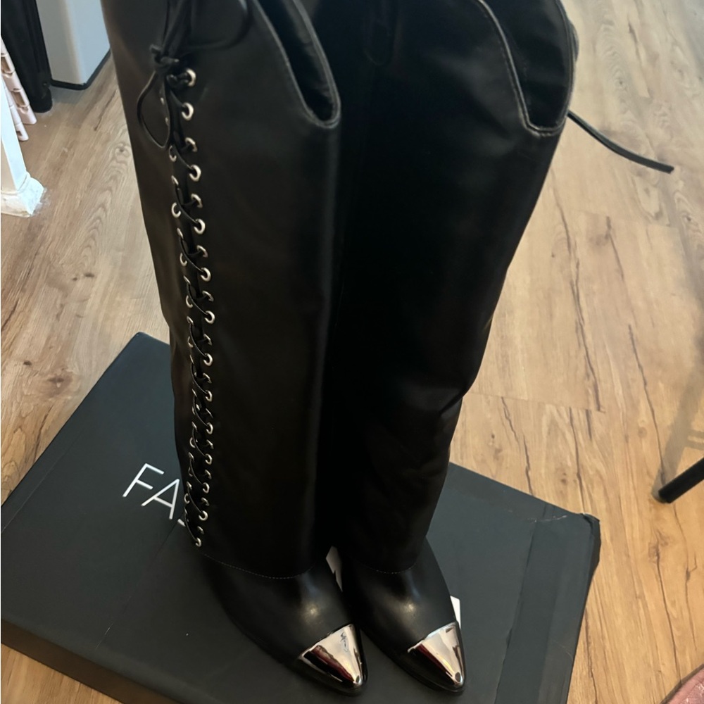 Black Knee-High Boots with Silver Toe Cap